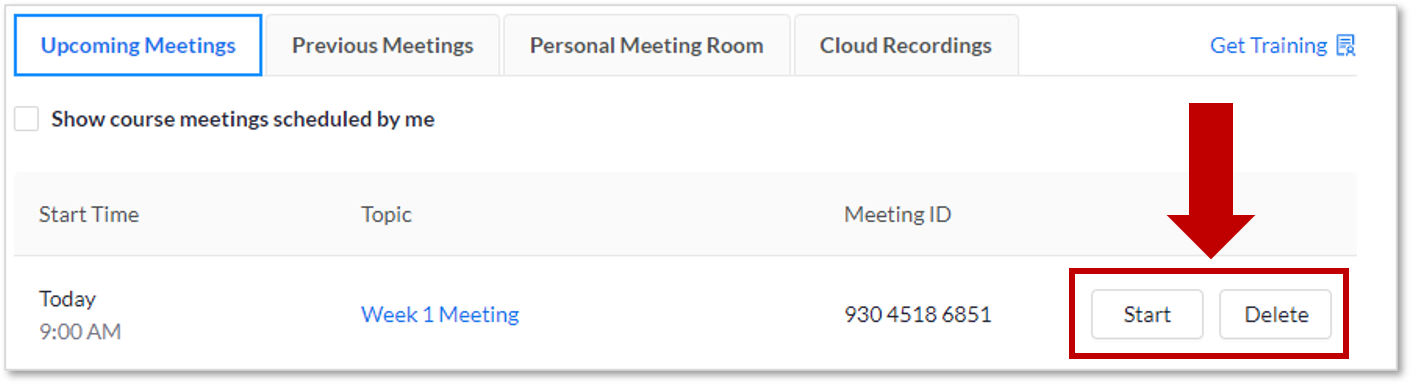Zoom screenshot illustrating what users will see when both start and delete buttons are avialable for a meeting.