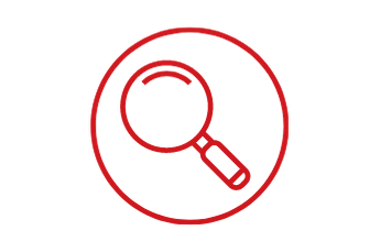 Red magnifying glass icon enclosed in a red circle.
