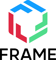 Frame logo - black text under red, blue, and green hexagonal shape